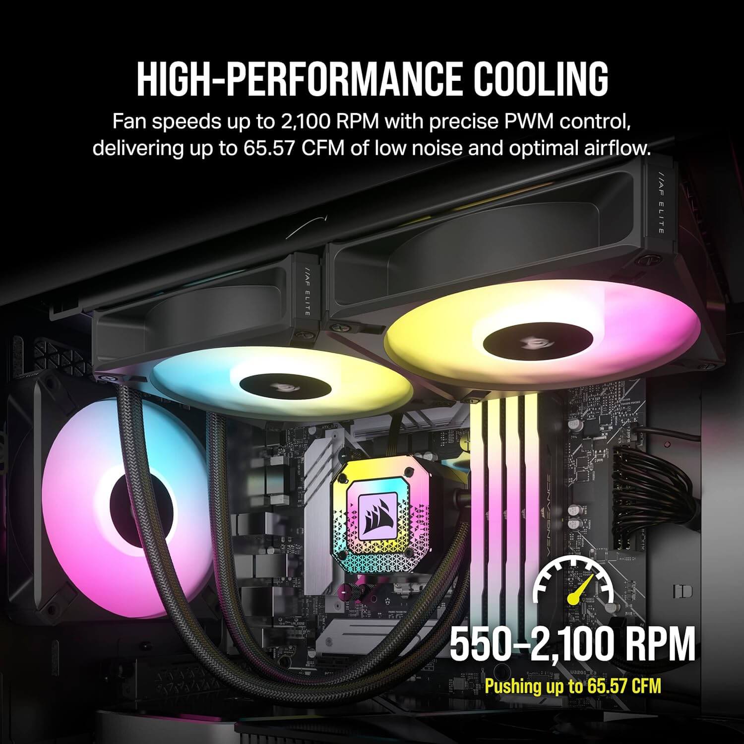 CORSAIR iCUE AF120 RGB Elite fans installed in a PC with high-performance cooling, featuring adjustable speeds up to 2,100 RPM and vibrant RGB lighting