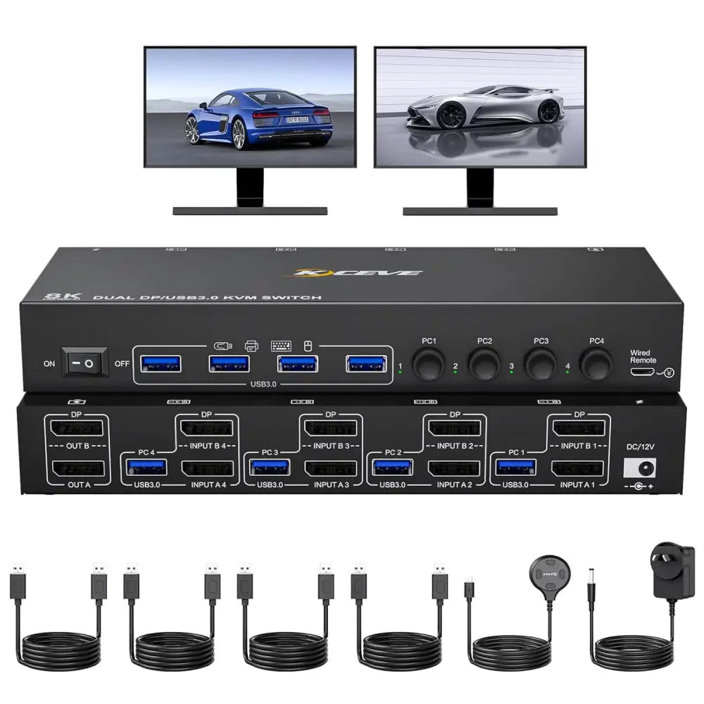 8K Dual Monitor Displayport KVM Switch 2 Monitors 4 Computers Port USB 3.0 DP 1.4 Switcher 8K@30Hz/4K@144Hz