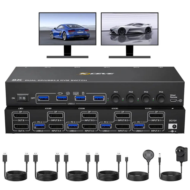 8K Dual Monitor Displayport KVM Switch 2 Monitors 4 Computers Port USB 3.0 DP 1.4 Switcher 8K@30Hz/4K@144Hz
