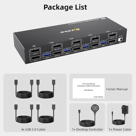 8K Dual Monitor Displayport KVM Switch 2 Monitors 4 Computers Port USB 3.0 DP 1.4 Switcher 8K@30Hz/4K@144Hz