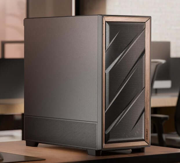 Antec Flux SE case featuring walnut wood trim, mesh front panel, and sleek design for optimal airflow.