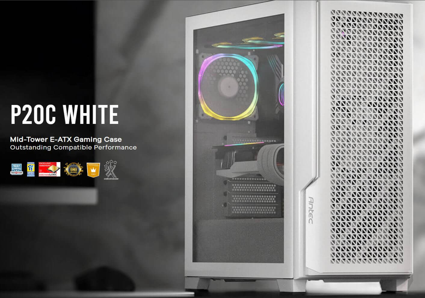 Antec P20C White, E-ATX, ATX, USB-C, Cable management , 4x HDD or SSD , 375mm GPU, 170mm CPU 3x PWM white 12 CM Fan, Tempered Glass, Gaming Case