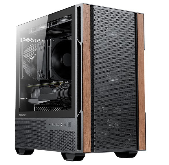 OKINOS Cypress 3 Genuine Walnut Wood MicroATX  USB-C, 3 Pin Non-PWM Case Fans Pre-Installed,Temper Glass Side Panel, Case