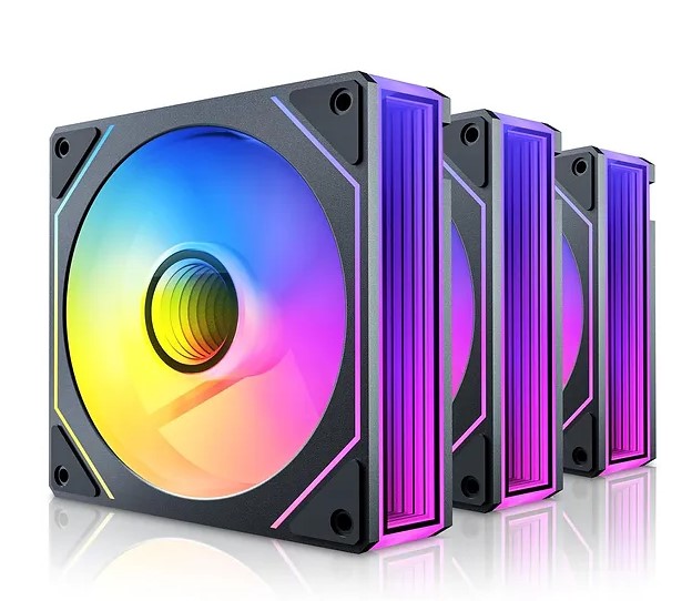OKINOS Infinity ARGB PWM Fans 3 pack showcasing vibrant RGB lighting and sleek design, perfect for cooling systems.