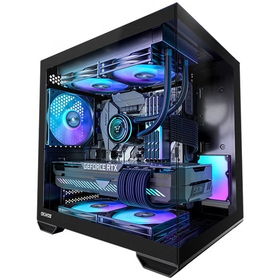 OKINOS gaming PC with ARGB lighting, featuring GeForce RTX, multiple cooling fans, and sleek glass case design.