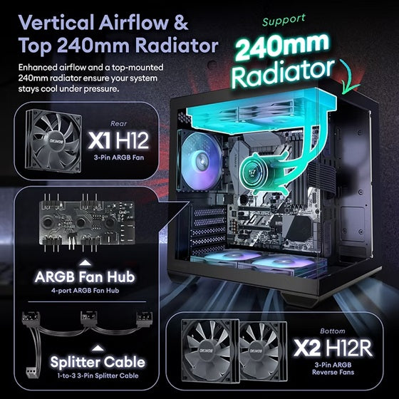 Image showing vertical airflow and support for 240mm radiator with ARGB fans and splitter cable for enhanced cooling.