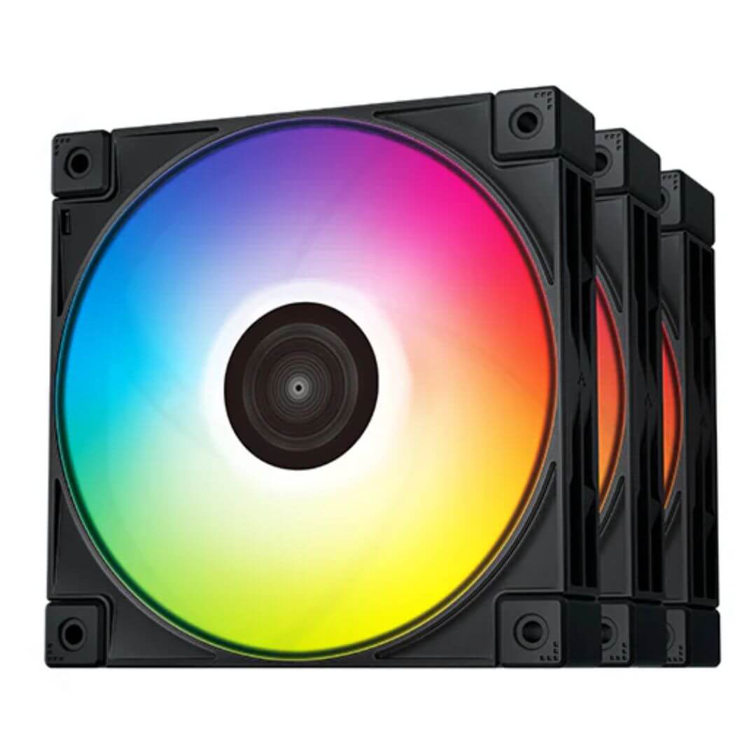 DeepCool FC120 3-Pack ARGB cooling fans with vibrant LED color gradient and daisy-chainable design.