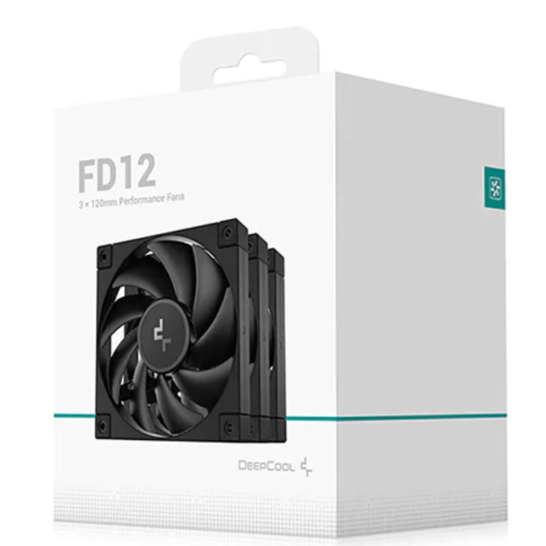 DeepCool FD12 3-pack performance 120mm case fans packaging with sleek design and visible fan blades.