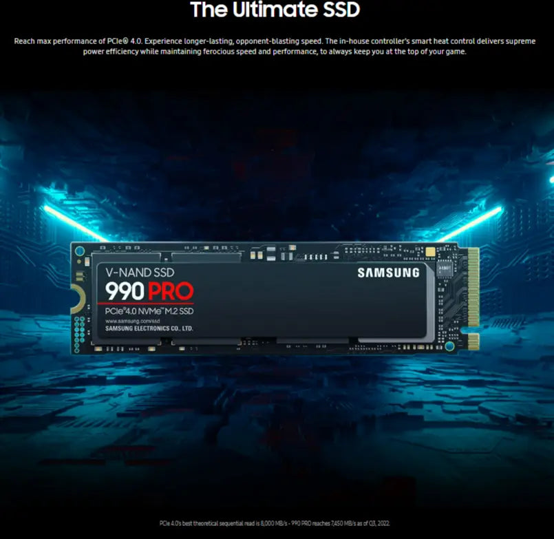 Samsung 990 Pro 2TB Gen4 NVMe SSD 7450MB/s 6900MB/s R/W 1550K/1200K IOPS 600TBW 1.5M Hrs MTBF for PS5 5yrs Wty