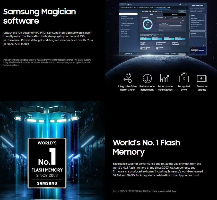 Samsung 990 Pro 2TB Gen4 NVMe SSD 7450MB/s 6900MB/s R/W 1550K/1200K IOPS 600TBW 1.5M Hrs MTBF for PS5 5yrs Wty