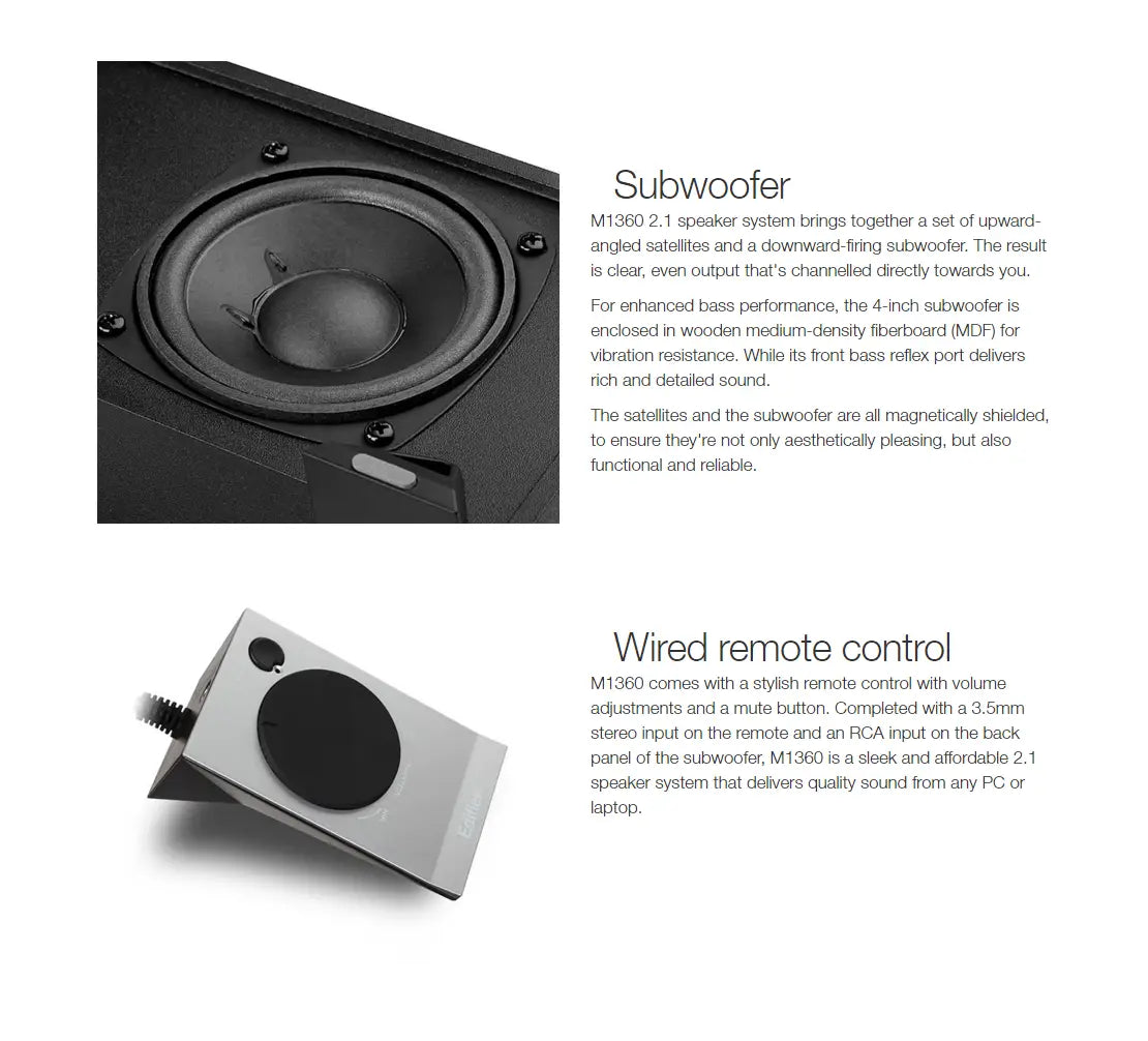 Edifier M1360 2.1 Multimedia Speakers - 3.5mm AUX/4INCH Subwoofer/Remote/RCA Remote Control input Black