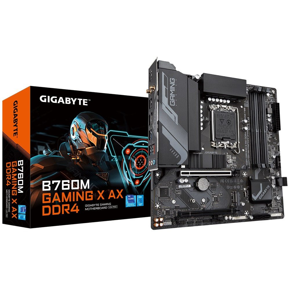 Gigabyte B760M Gaming X AX DDR4 Intel LGA 1700 m-ATX Motherboard, 4x DDR4 ~128GB, 2x PCI-E x16, 2x M.2, 4x SATA, 3x USB 3.2, 5x USB 2.0