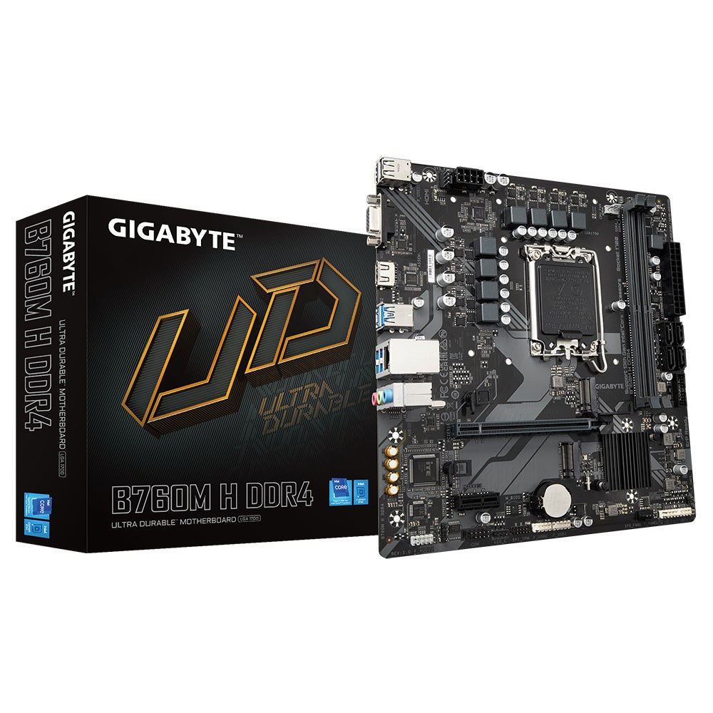 Gigabyte B760M H DDR4 Intel LGA 1700 m-ATX Motherboard, 2x DDR4 ~64GB, 1x PCI-E x16, 2x M.2, 4x SATA, 3x USB 3.2, 2x USB 2.0,