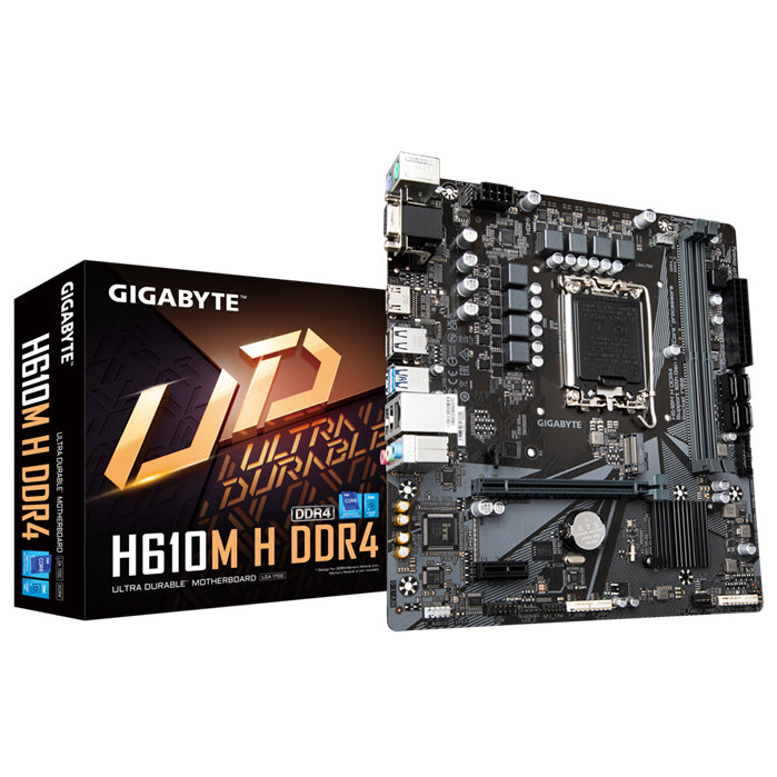 Gigabyte H610M H DDR4 LGA 1700 mATX Motherboard, 2x DDR4 ~64GB, 1x PCI-E x16, 1x PCI-E x1, 1x M.2, 4x SATA, 2x USB 3.2, 4x USB 2.0