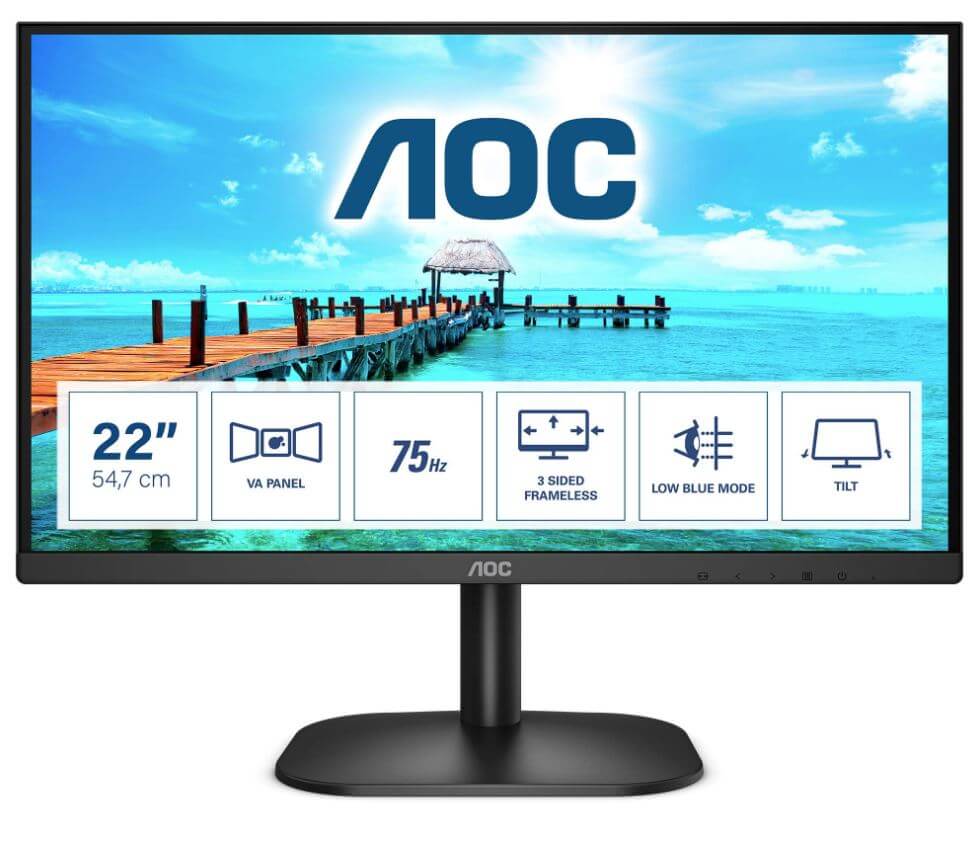 AOC 21.5" 22B2HN 1920x1080, VA, 75Hz, HDMI 1.4, VGA, Tilt, Low Blue, Flicker Free, Ultra Slim, VESA 100mm, Tilt. Home Office Monitor