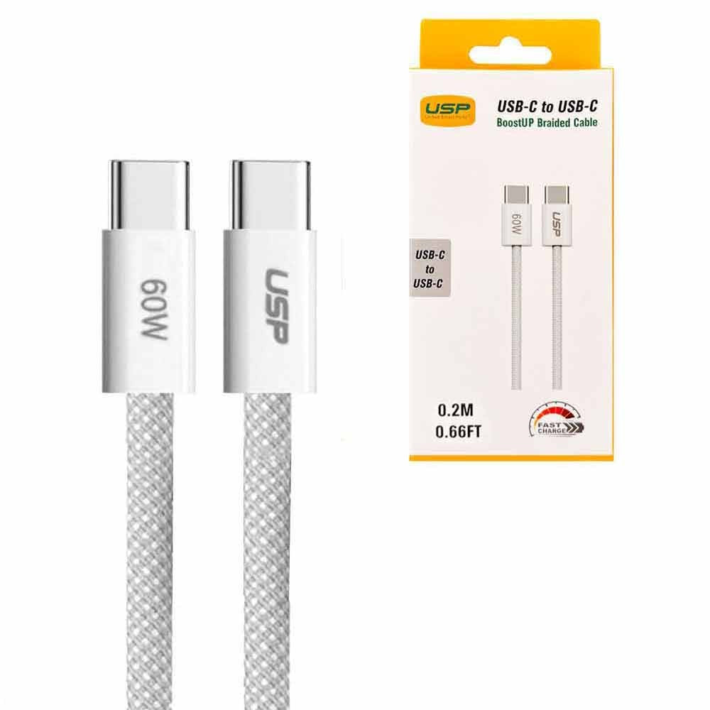 USP Braided USB-C to USB-C PD 60W High Density Fast Charge Cable (20cm) White - 3A Fast & Safe Charge,Strong & Durable,Samsung Galaxy,Apple iPhone