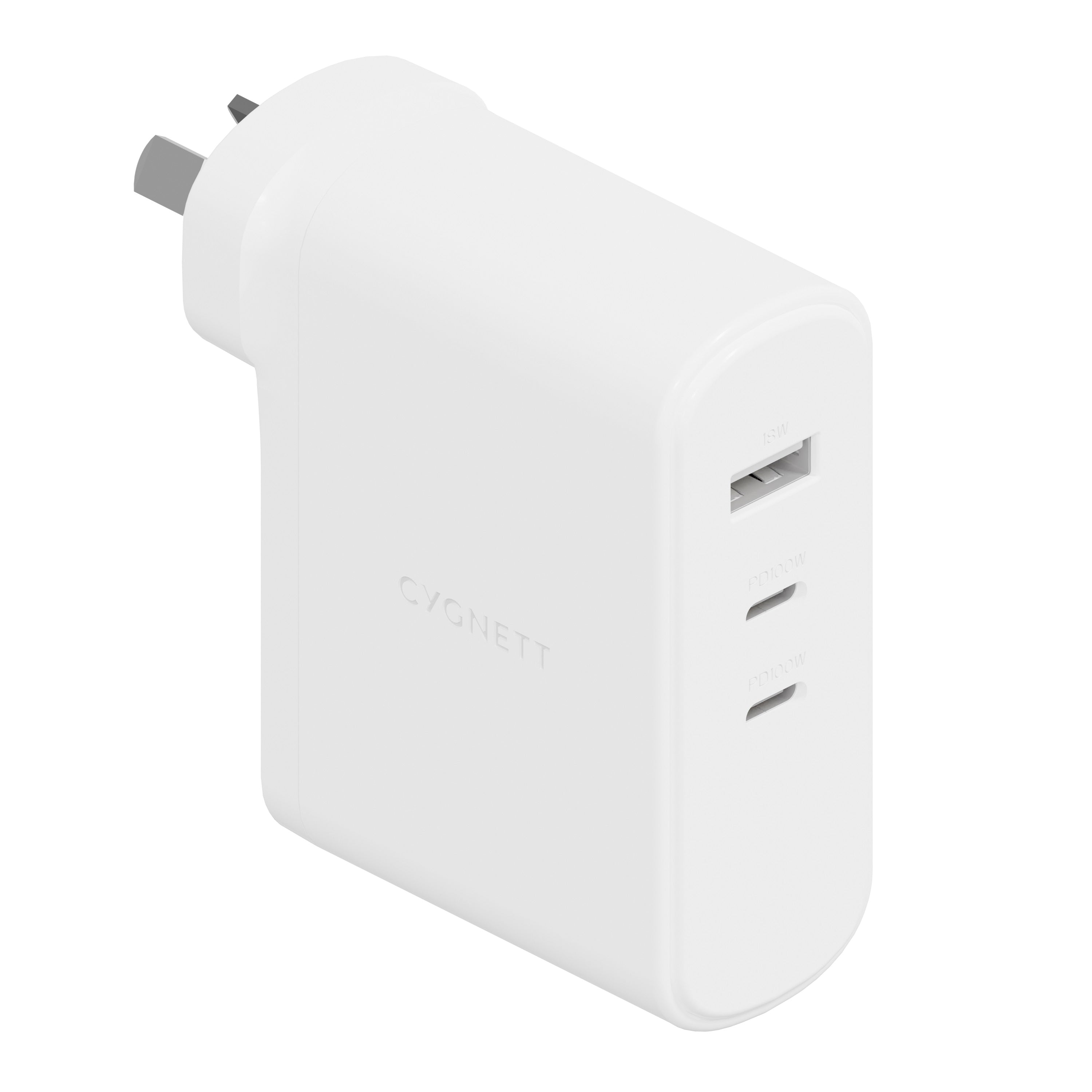 Cygnett PowerMaxx 100W Multiport GaN Wall Charger - White, 1xUSB-A (18W),2xUSB-C PD (100W), Charge 3 Devices, Best for Laptop, 2 Years Warranty