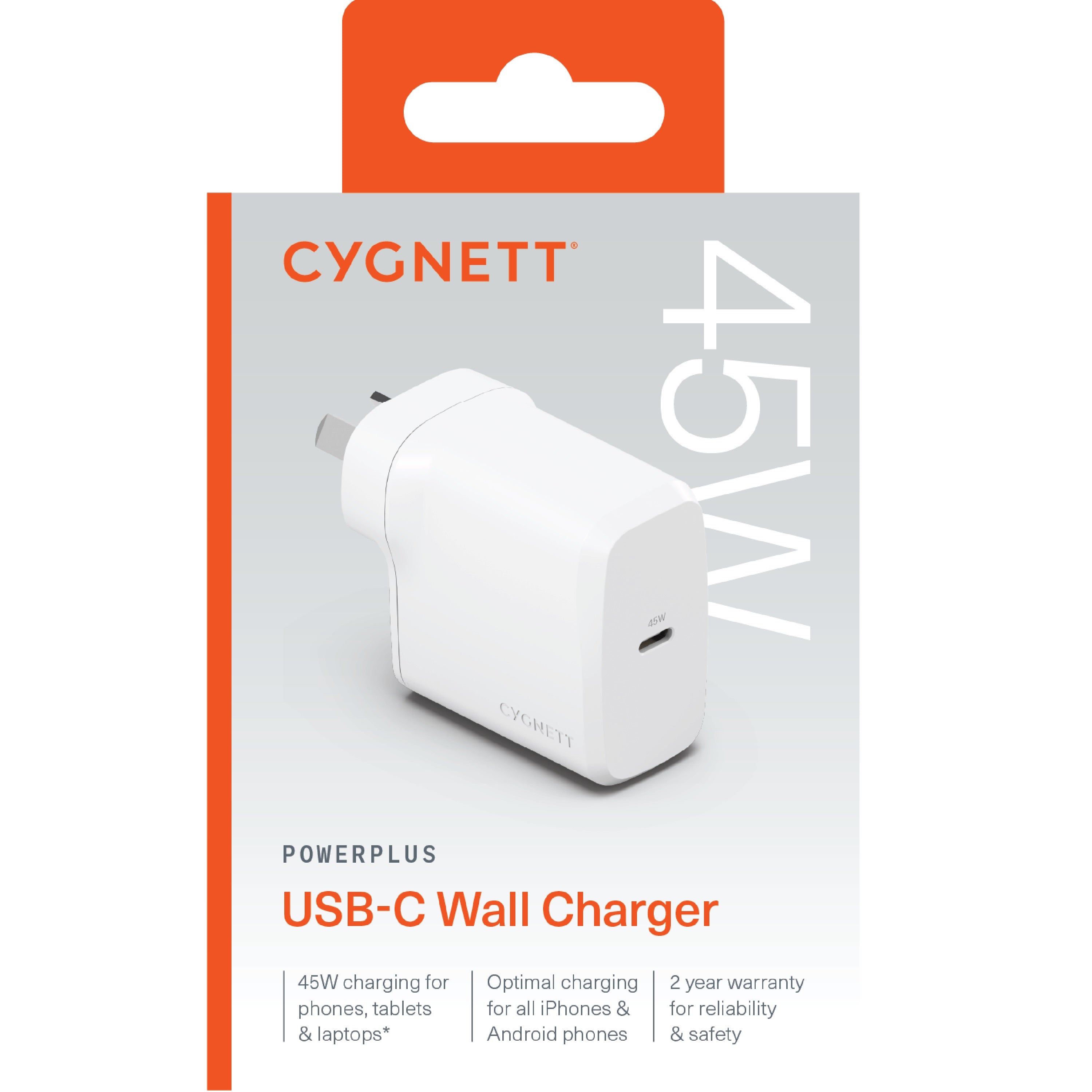 Cygnett PowerPlus 45W USB-C Wall Charger packaging for fast charging of phones, tablets, and laptops with 2-year warranty.