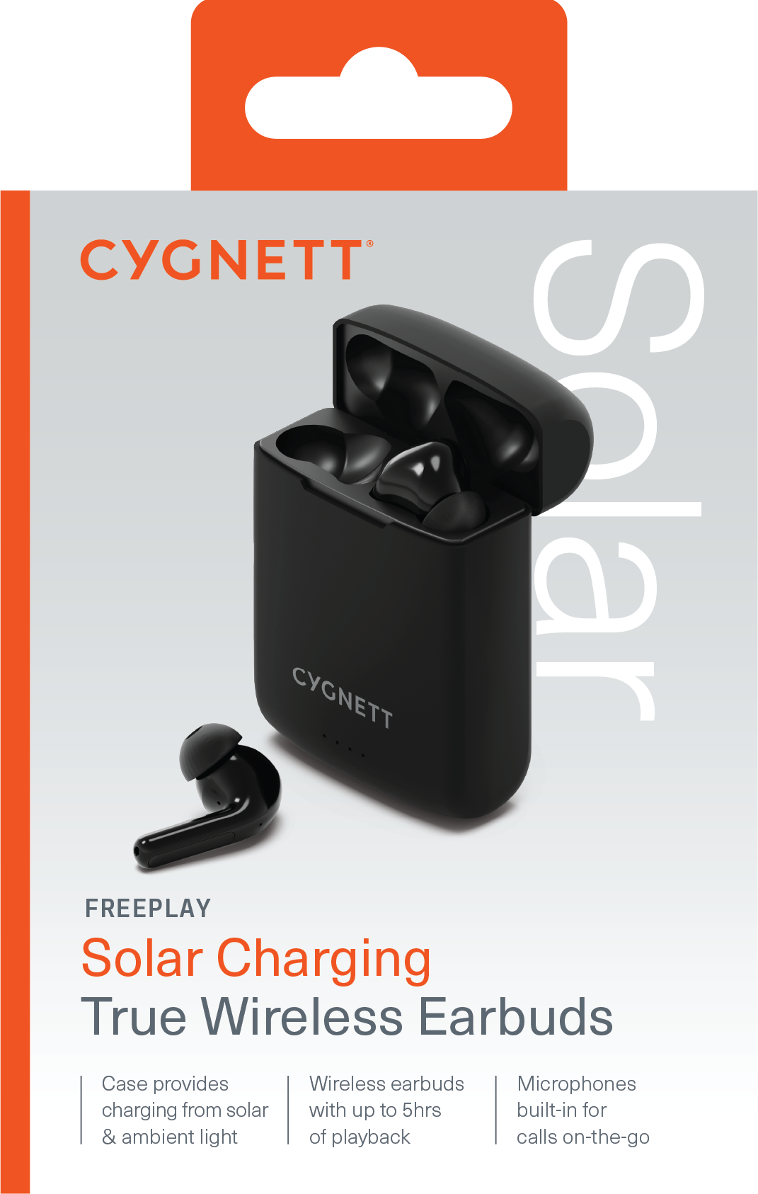 Cygnett FreePlay Solar Charging True Wireless Earbuds - Black (CY4969SOEAR) - Bluetooth 5.3 TWS, 10 Meter, 5 hours,Touch Control,Solar charging,2 Yrs