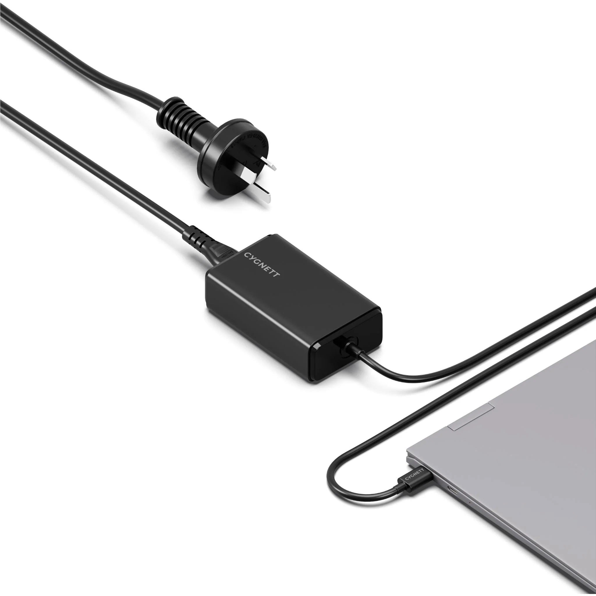 Cygnett 65W PD GaN laptop charger with integrated USB-C cable connected to a laptop, showcasing sleek black design.