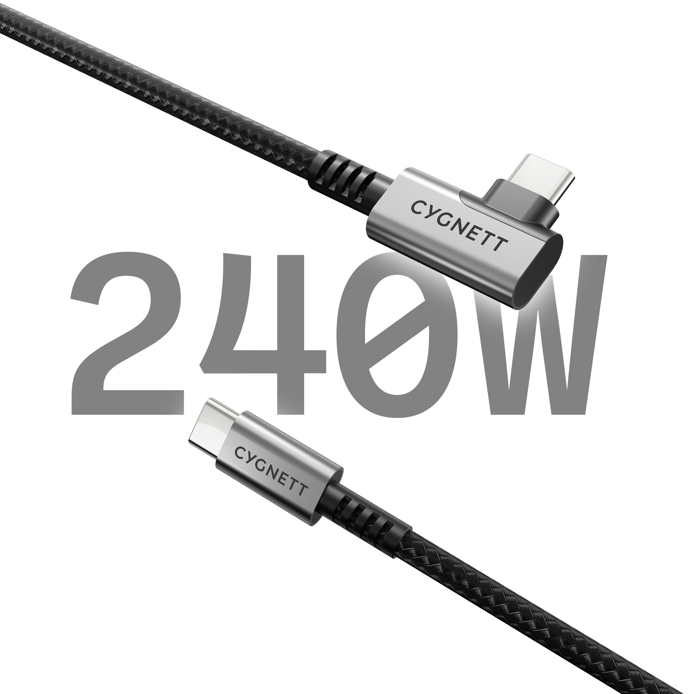 Cygnett Unite Right-Angle USB-C to USB-C (3.1) Cable (1M) - Black (CY5104PCTYC), 240W, Double Braided, 10Gbps Transfer, Fast Charge, 2 Years Warranty