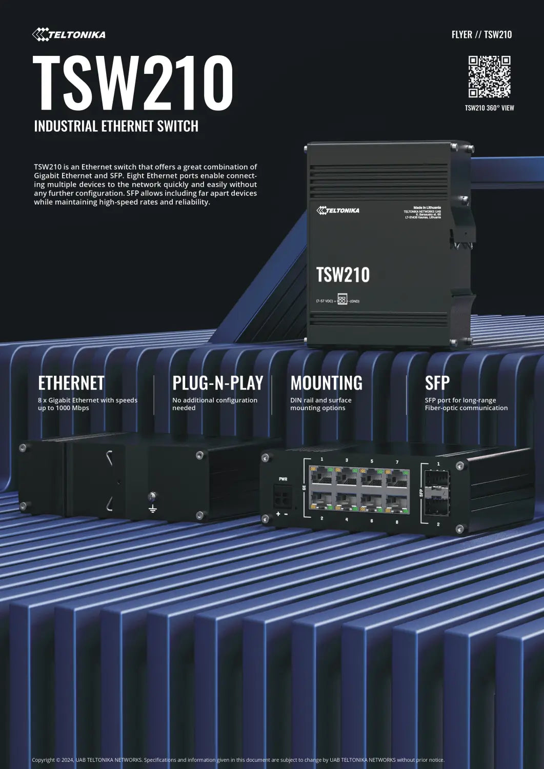 Teltonika TSW210 Industrial Ethernet Switch 2x SFP Ports 8x Gigabit Ethernet Ports with speeds of up to 1000 Mbps DIN