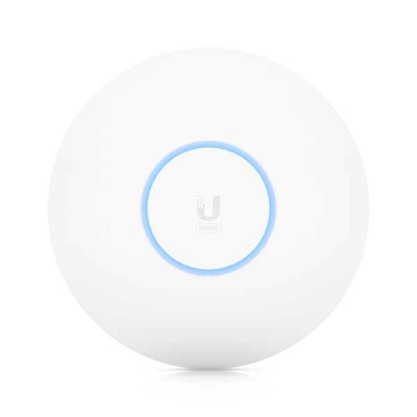 Ubiquiti UniFi Wi-Fi 6 Pro Access Point front view with an illuminated LED ring, designed for high-performance networking.