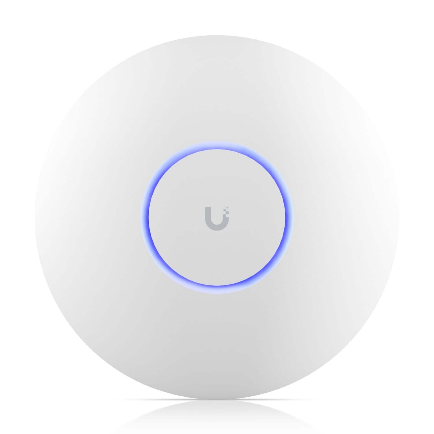 Ubiquiti UniFi WiFi 7 ceiling-mount access point with blue LED indicator and sleek design.