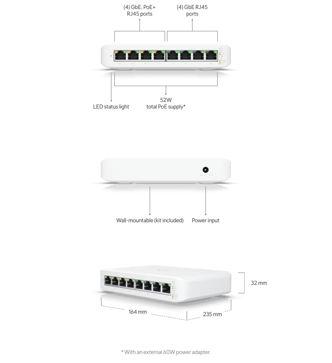 Ubiquiti UniFi Switch USW-Lite-8-POE 4x PoE Output Ports 52W PoE Supply Fanless Wall Mount Kit Included 2Yr Warr