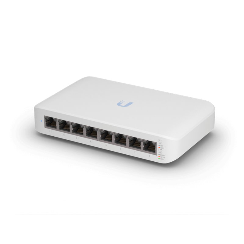 Ubiquiti UniFi USW-Lite-8-POE switch with 8 ports, including 4 PoE outputs and fanless design.