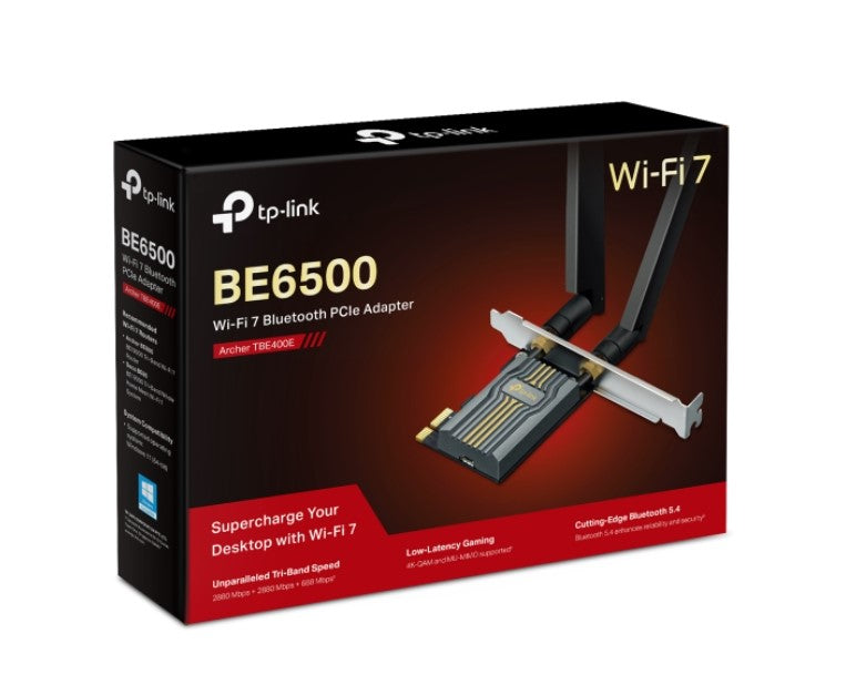 TP-Link Archer TBE400E BE6500 Wi-Fi 7 Bluetooth 5.4 PCIe Adapter, 6GHz@2882 Mbps, 5GHz@2882 Mbps, 2.4GHz@688 Mbps (wifi7) (NIC)