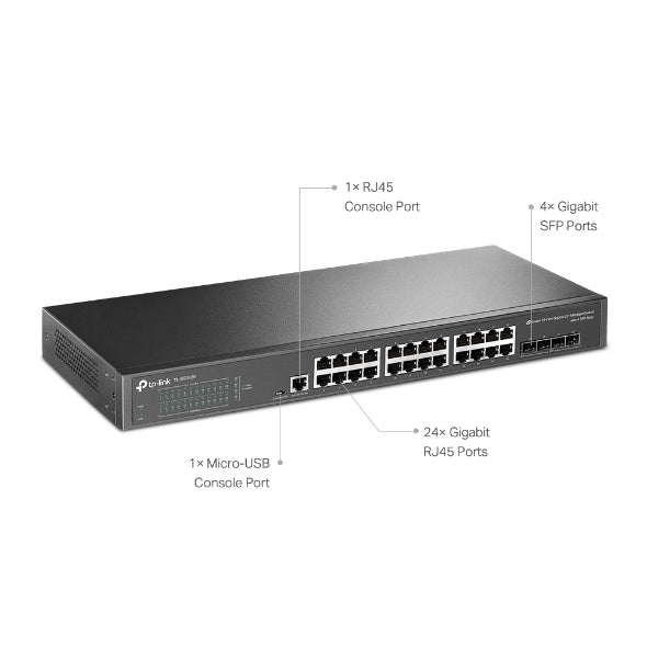 TP-Link TL-SG3428 JetStream 24-Port Gigabit L2 Managed Switch with 4 SFP Slots IGMP Snooping QoS Rack Mountable Fanless, Support Omada Controller