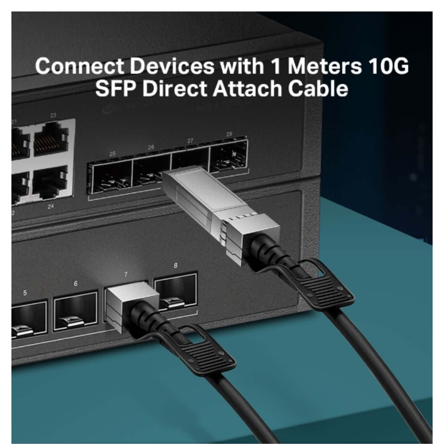 TP-Link 1 Meter 10G SFP Direct Attach Cable connecting devices for high-speed Ethernet.