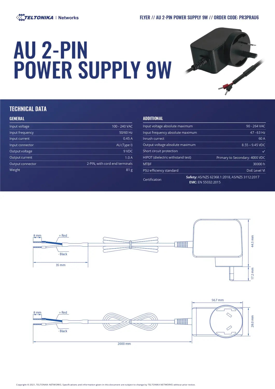 Teltonika 2 Pin AU Power Supply 9W - For TRB245 TRB255 TSW010 TSW114 TSW210 TSW304
