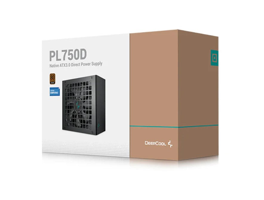 DeepCool PL750D 750W ATX power supply packaging, featuring 80+ Bronze certification and a 120mm fan.