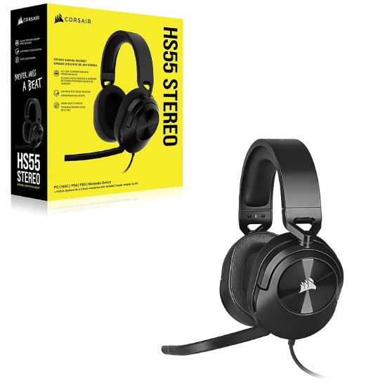 Corsair HS55 Carbon Stereo Gaming Headset, PS5 3D Audio, PS5, Switch, Discord Certified, Ultra Comfort Foam, 3.5mm Wired (LS)