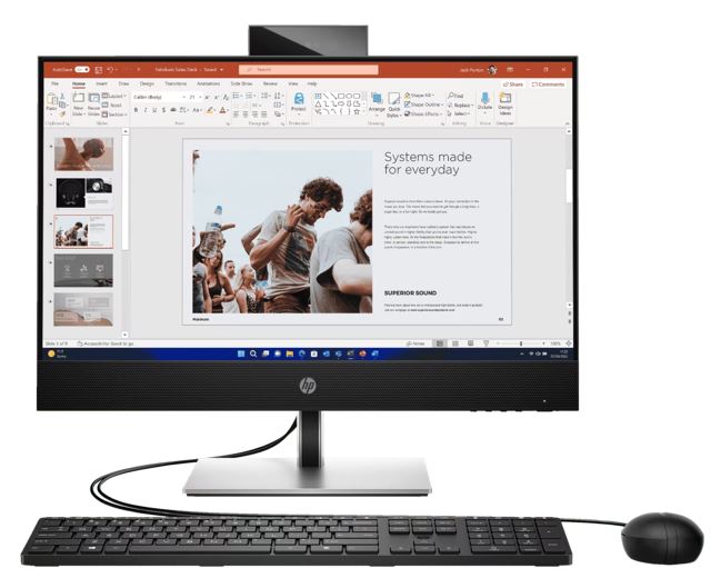 HP ProOne 440 G9 All-in-One PC with 23.8" FHD display, Intel i5 processor, keyboard, and mouse in use.