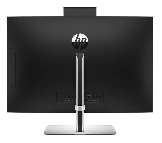 Rear view of HP ProOne 440 G9 AIO showcasing sleek design, HP logo, and adjustable stand with ports.