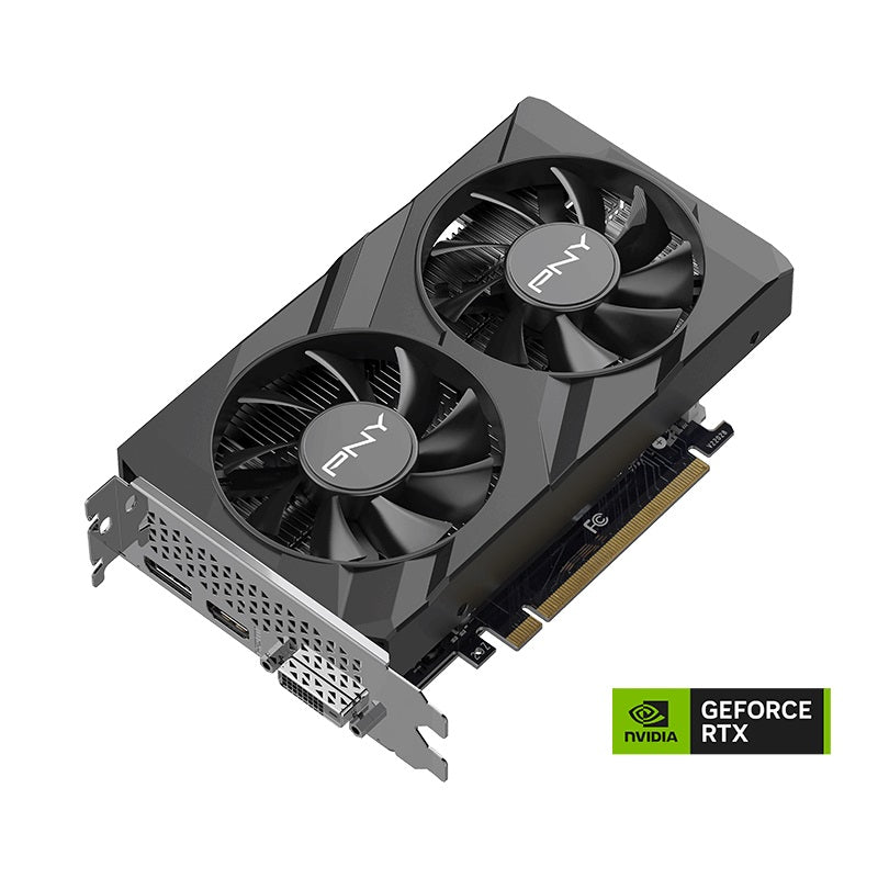 PNY GeForce RTX 3050 graphics card with dual fans and NVIDIA branding, showcasing powerful performance for gaming.