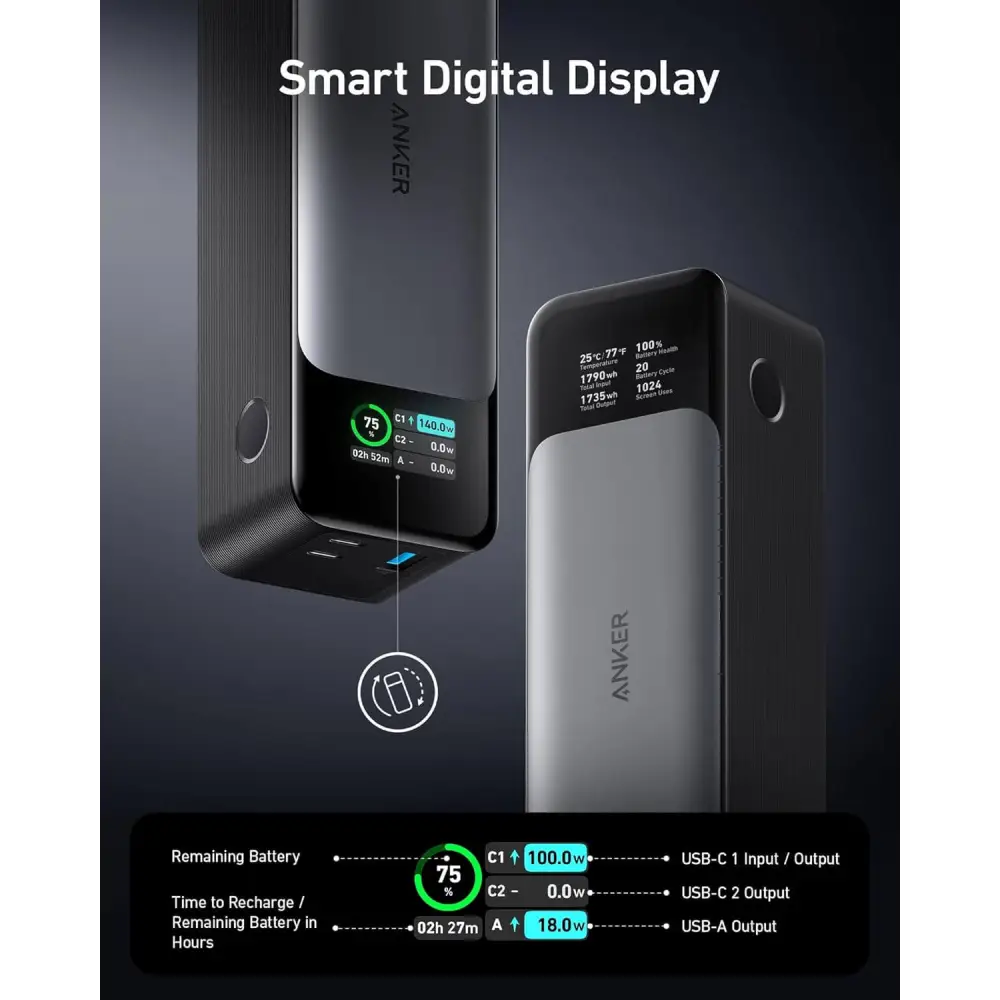 Anker 737 Bank 24,000mAh 3-Port Portable Charger with 140W Output Smart Digital Display Compatible iPhone 16/15/14/13