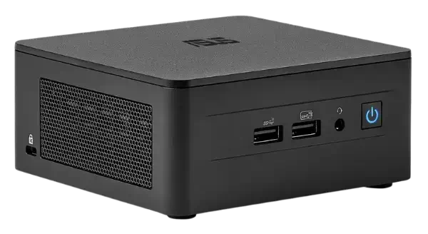 ASUS NUC 13 Pro Barebone Mini PC, featuring USB-A, USB-C, and power button in a compact black design.