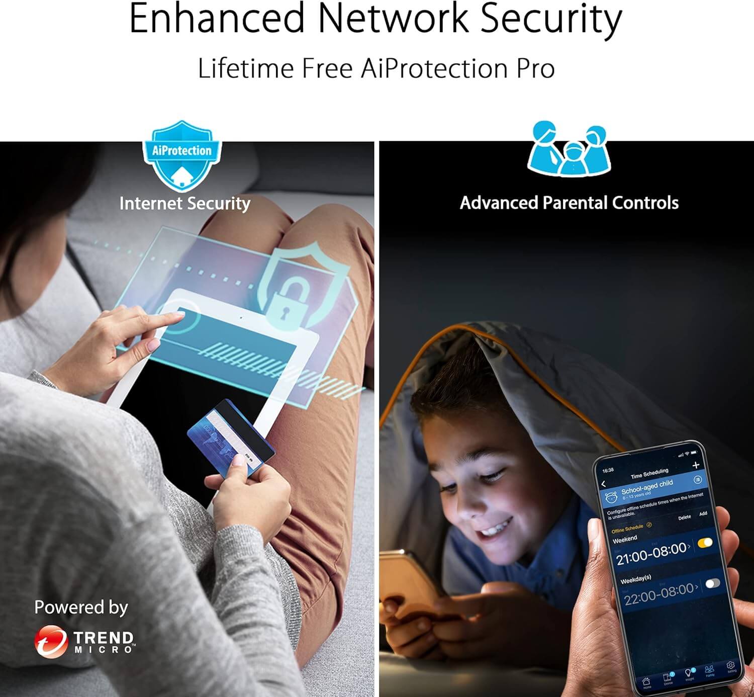 Image showcasing ASUS enhanced network security features, including AiProtection and advanced parental controls.