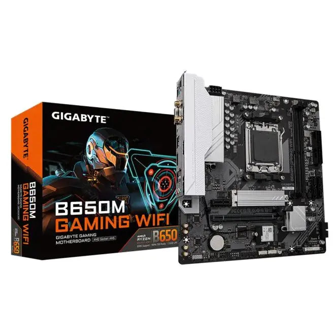 Gigabyte B650M GAMING WIFI AM5 Micro-ATX motherboard with packaging, featuring DDR5 support and socket AM5.