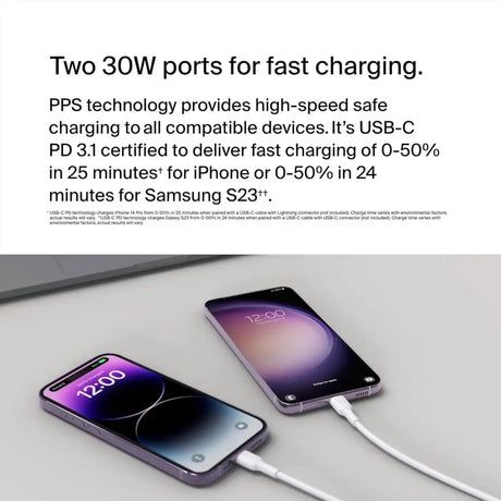 Belkin BoostCharge Dual USB-C Wall Charger with PPS 60W for Apple iPhone iPad Samsung Galaxy Google Pixel - Compatible