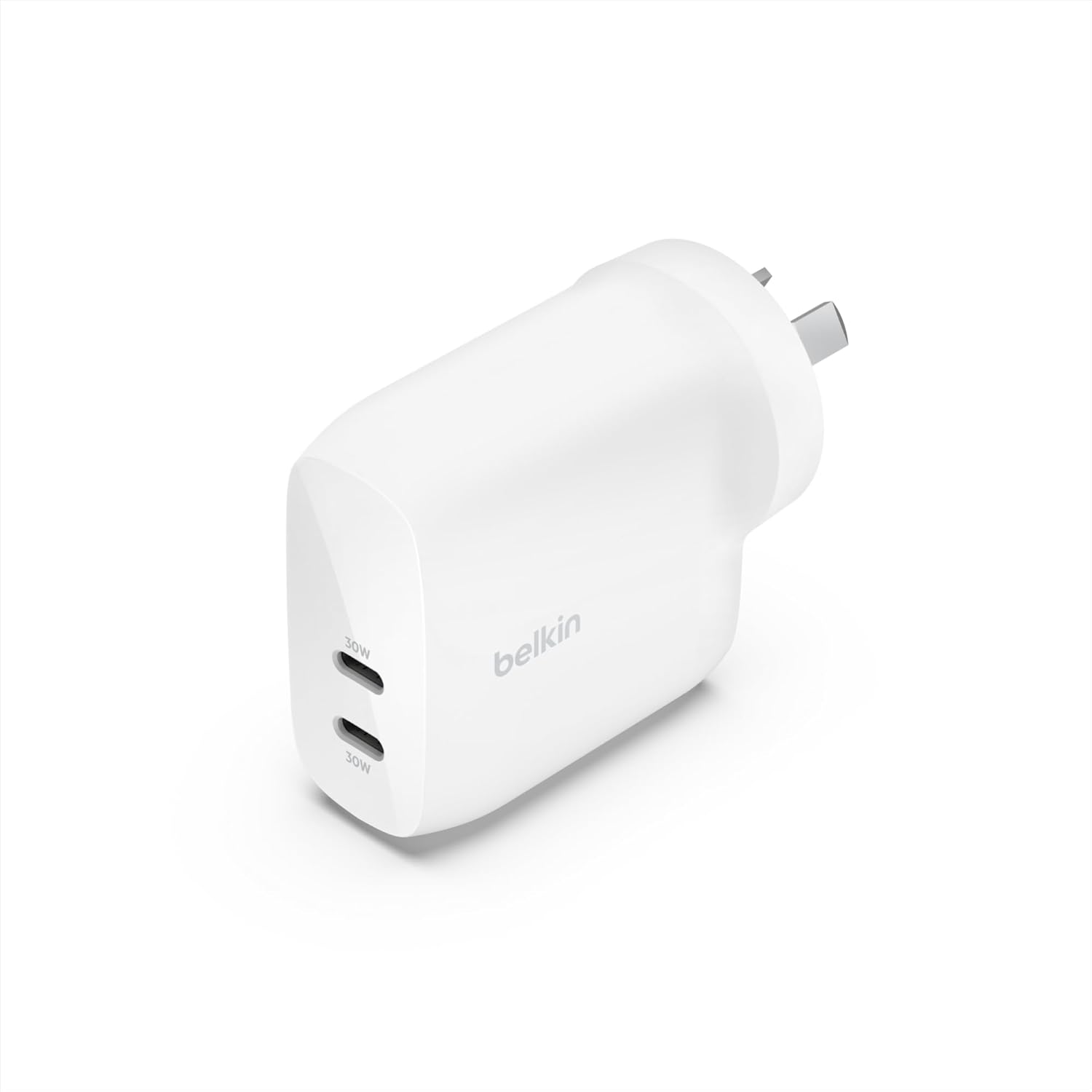 Belkin BoostCharge Dual USB-C Wall Charger in white with two ports for fast charging Apple and Samsung devices.