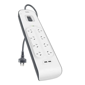 Belkin BSV804 8-Outlet 2-Meter Surge Protection Strip with two 2.4 amp USB charging ports Complete Three-line AC