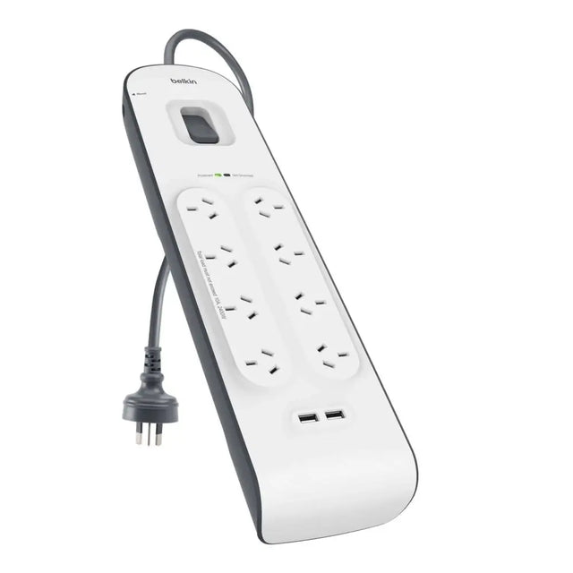 Belkin BSV804 8-Outlet 2-Meter Surge Protection Strip with two 2.4 amp USB charging ports Complete Three-line AC