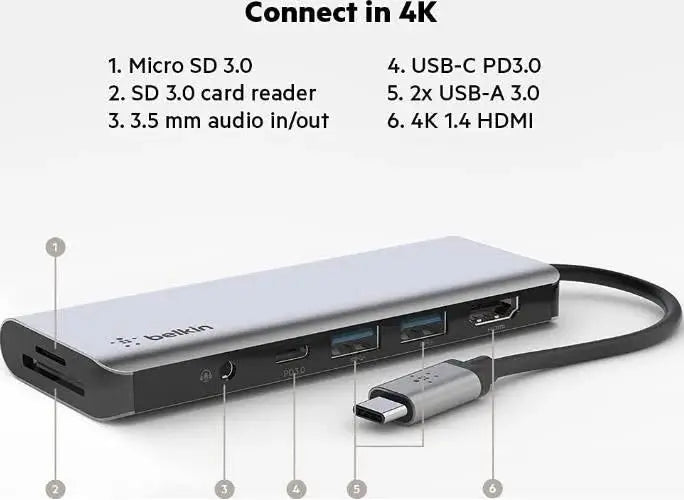 Belkin Connect USB-C 7-in-1 Multiport Hub Adapter - Space Grey (AVC009btSGY) 100W PD 5 Gbps 1x 4K HDMI 2x USB-A SD 2