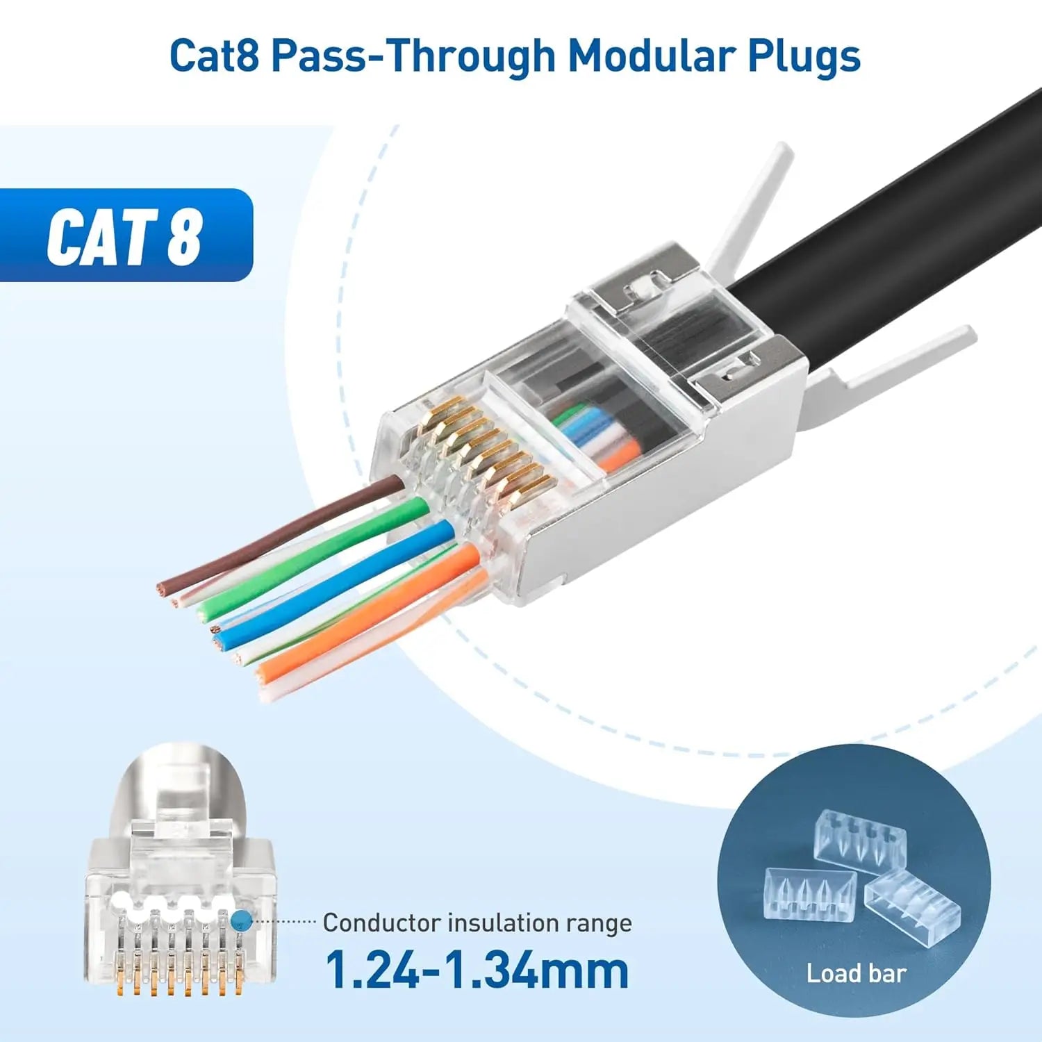 Cable Matters 20-Pack 23-24AWG Shielded Cat8 RJ45 Pass Through Connector with Load Bar & Strain Relief Boots 50µ Gold