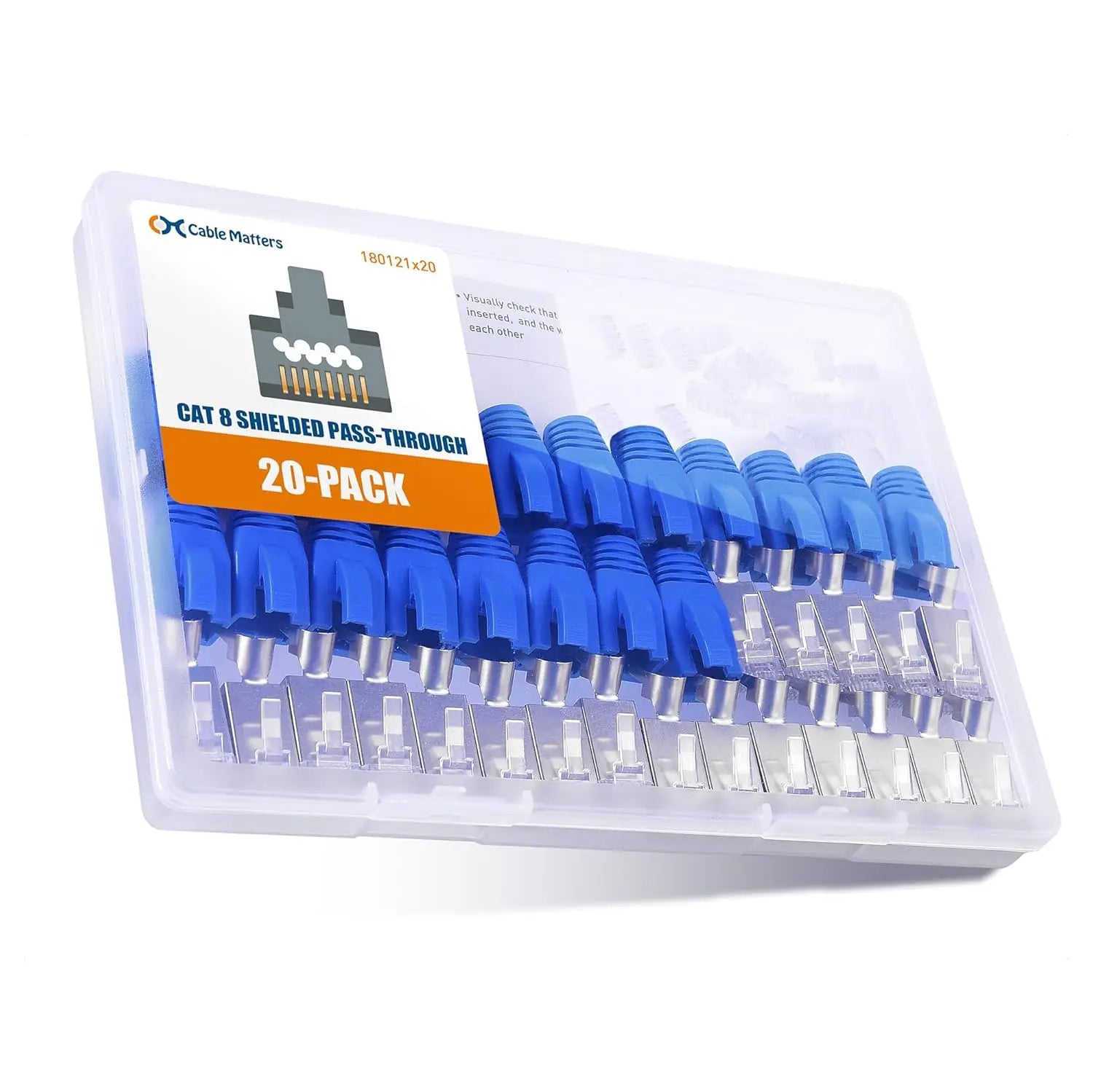 Cable Matters 20-Pack 23-24AWG Shielded Cat8 RJ45 Pass Through Connector with Load Bar & Strain Relief Boots 50µ Gold